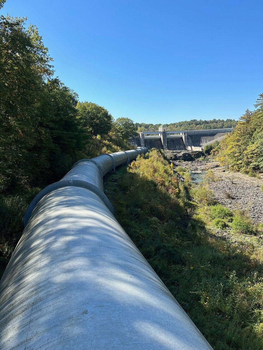 The Wallenpaupack Dam and flow line can be seen along the Wallenpaupack Creek Trail...